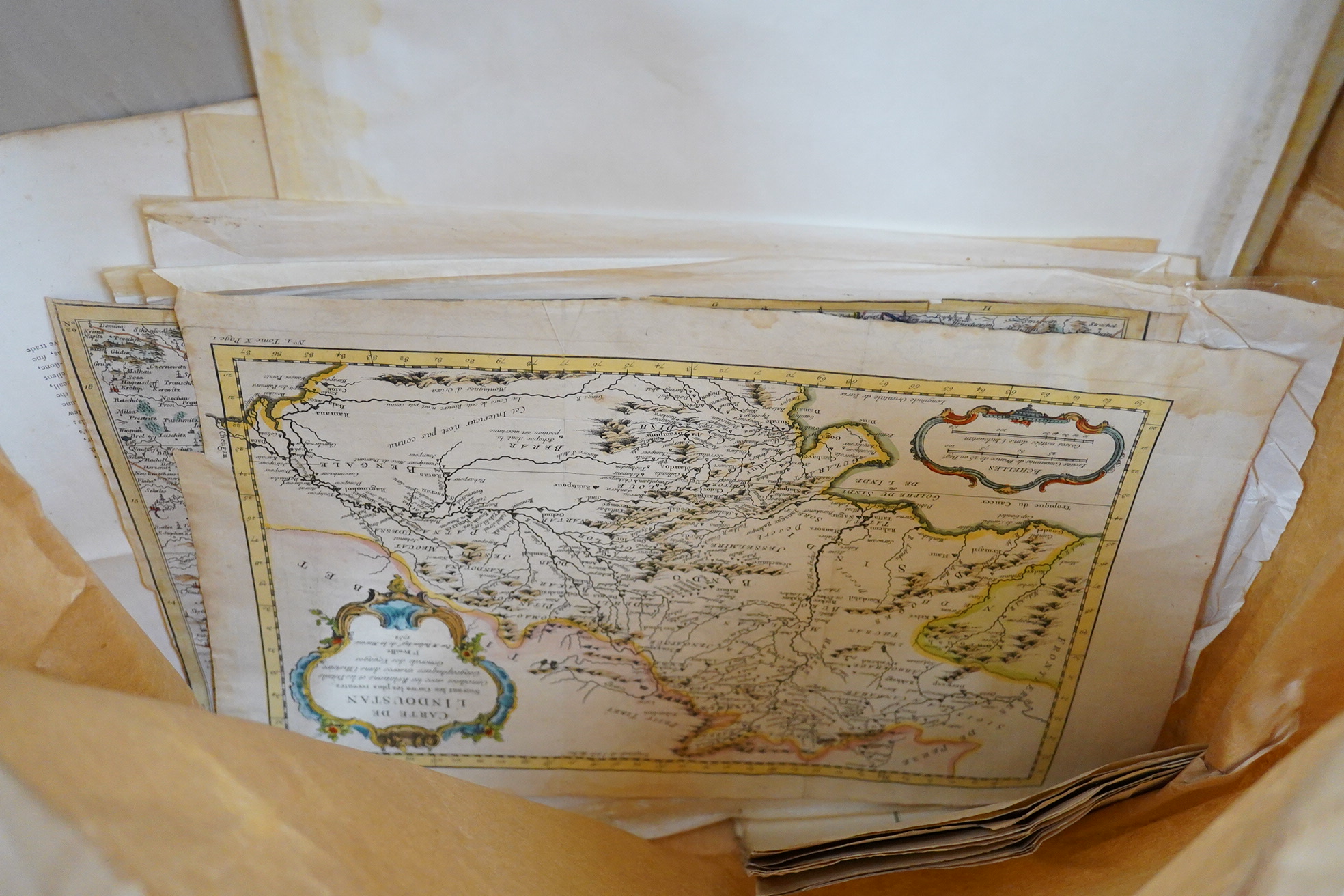 A collection of maps to include, After Stockdale, A New Map of the County Around Manchester, After Robert Morden, The County Palatine of Lancaster and various other unframed antique maps to include Continental and Britis